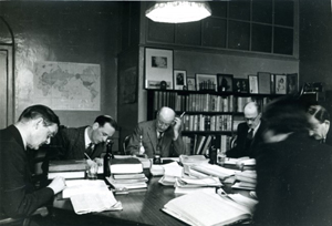 The photograph on the right, courtesy of the Faber Archive, is of the Faber Book Commitee in 1944; Geoffrey Faber is third from the left and T S Eliot is on the extreme left.